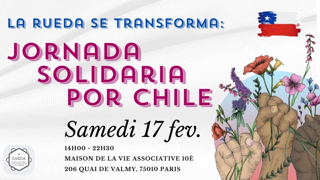 Affiche journée solidaire pour les victimes des incendies au Chili. Samedi 17 février 2024 de 14H-22H30H. Maison de la vie associative Paris X