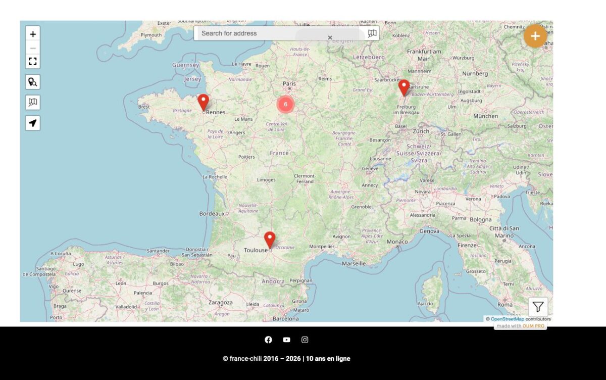Vue mobile de la carte OUM Pro sur france-chili.com, avec repères en France et Allemagne