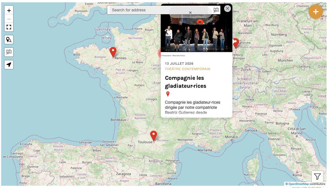Fiche d'une association affichée en superposition sur la carte, avec visuel et description